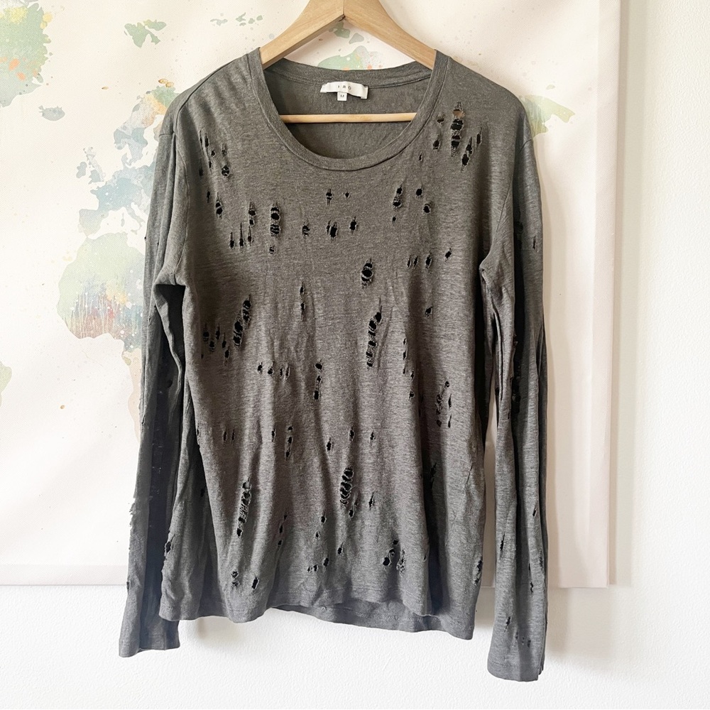 IRO Top Marvina Distressed Taupe Long Sleeve Size Medium 100% Linen Crew Neck